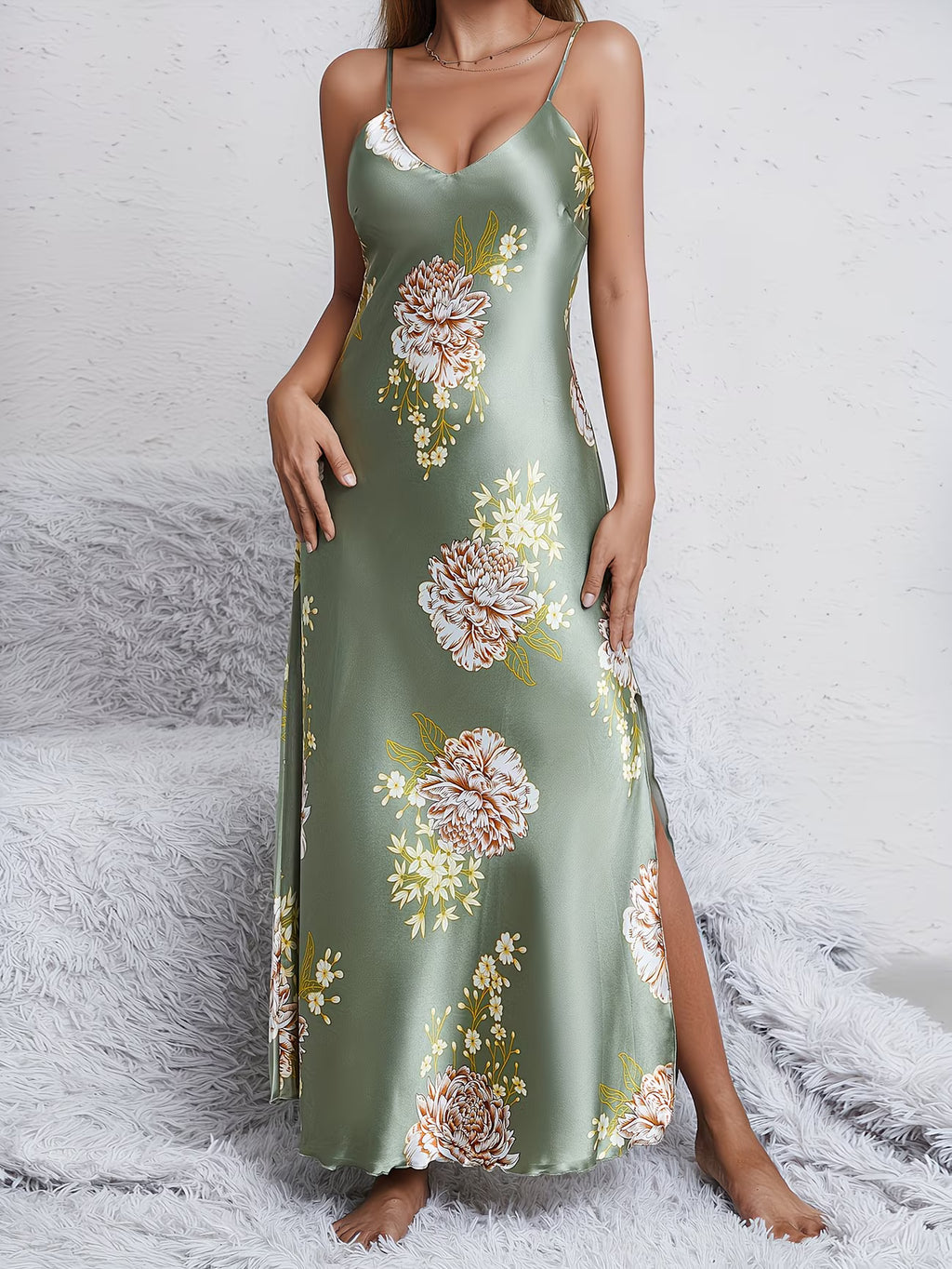 Sage Blossom Satin Maxi Nightdress
