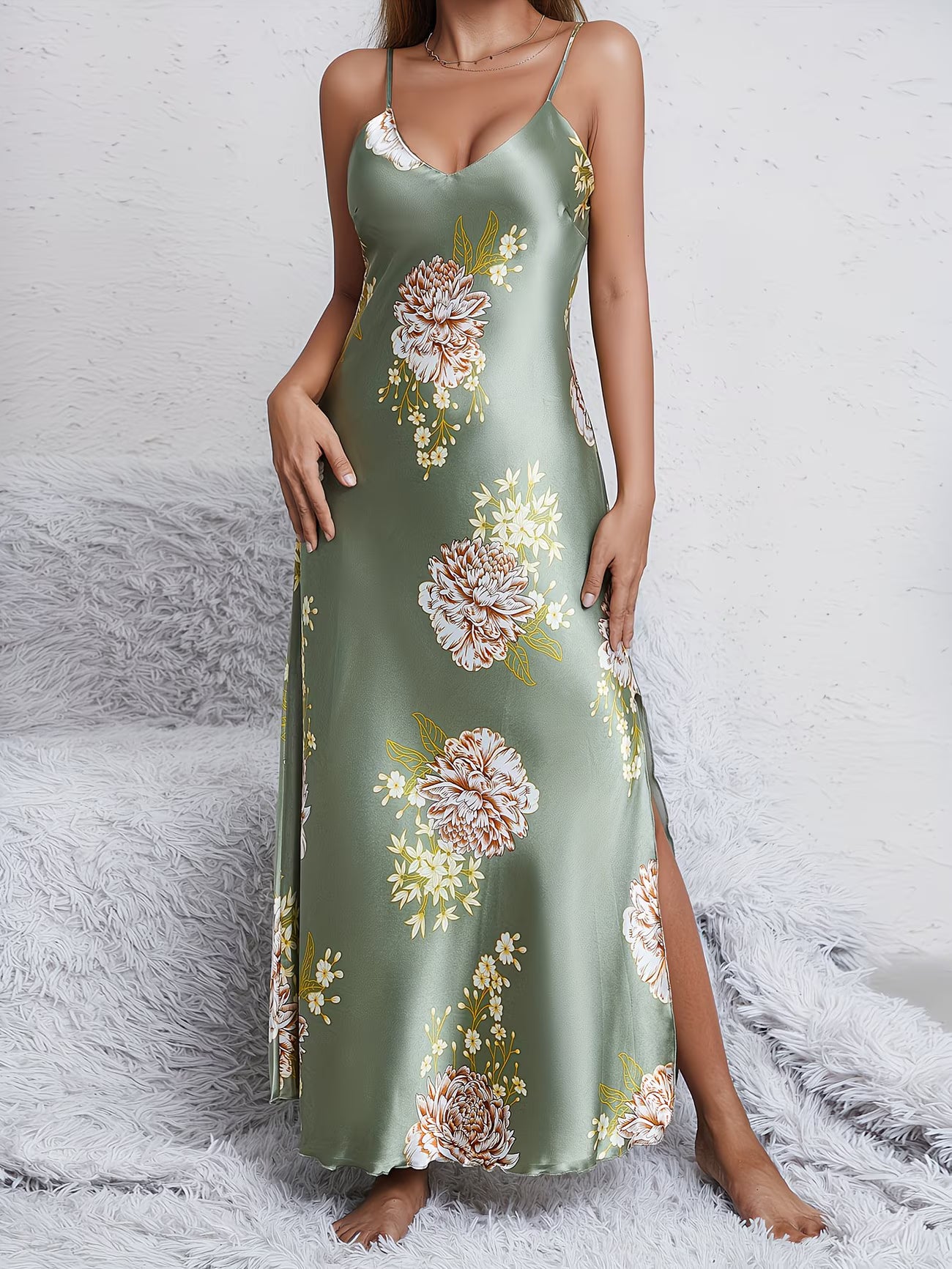 Sage Blossom Satin Maxi Nightdress