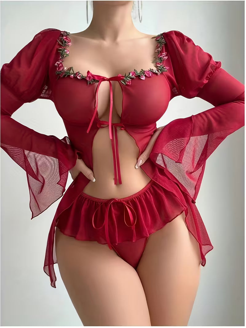 Crimson Bloom Lace Romance Set
