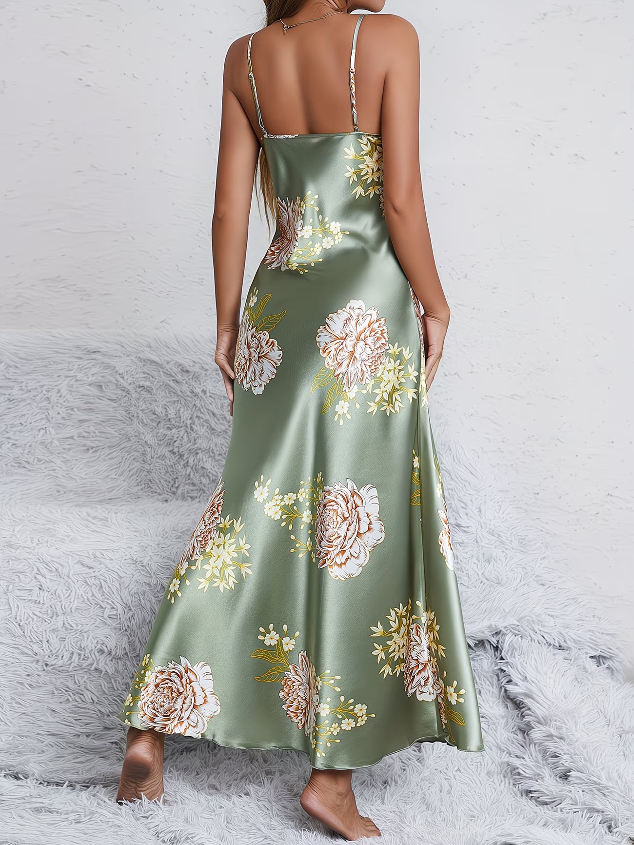 Sage Blossom Satin Maxi Nightdress